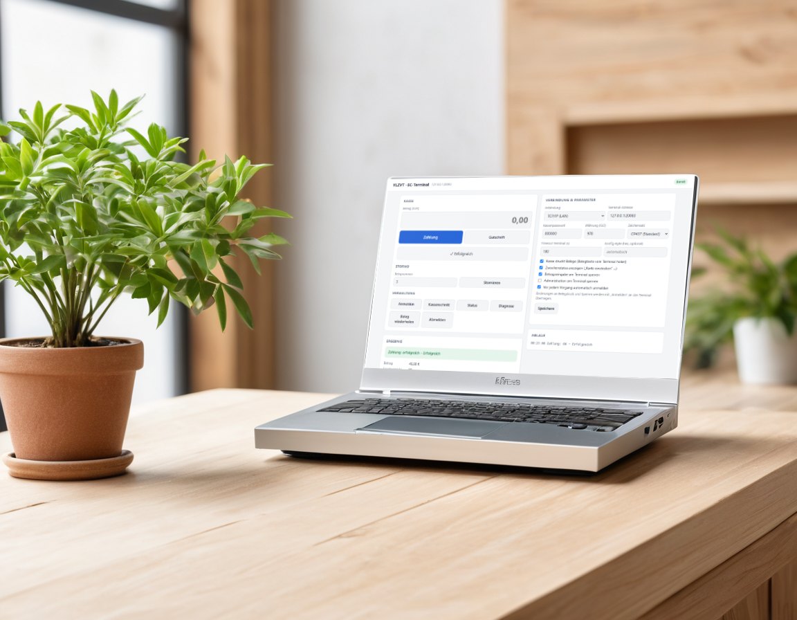 Laptop auf einer Ladentheke mit dem YLZVT-Kontrolldienst im Browser: Betrag, Zahlung, Gutschrift, Storno und Kassenschnitt